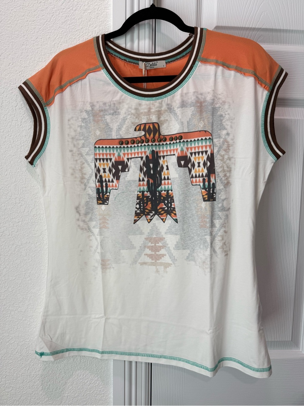 Delila Texas White & Orange Tee Shirt with Multicolor Thunderbird Graphic NWT